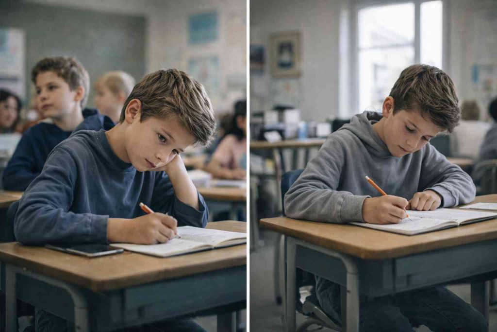 Deux élèves en classe l’un distrait et l’autre concentré sur son exercice
