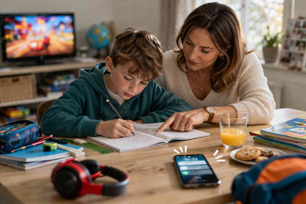 Garçon faisant ses devoirs avec sa mère à côté malgré des distractions autour