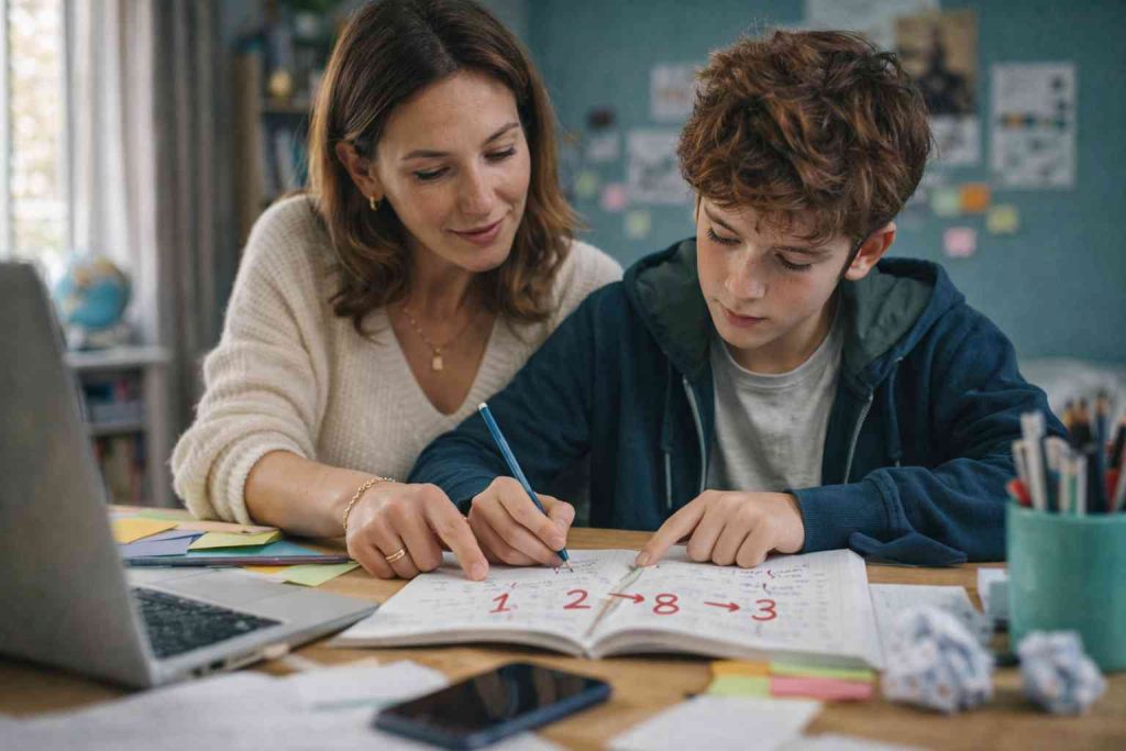 Adolescent accompagné par un adulte pour comprendre et organiser ses devoirs
