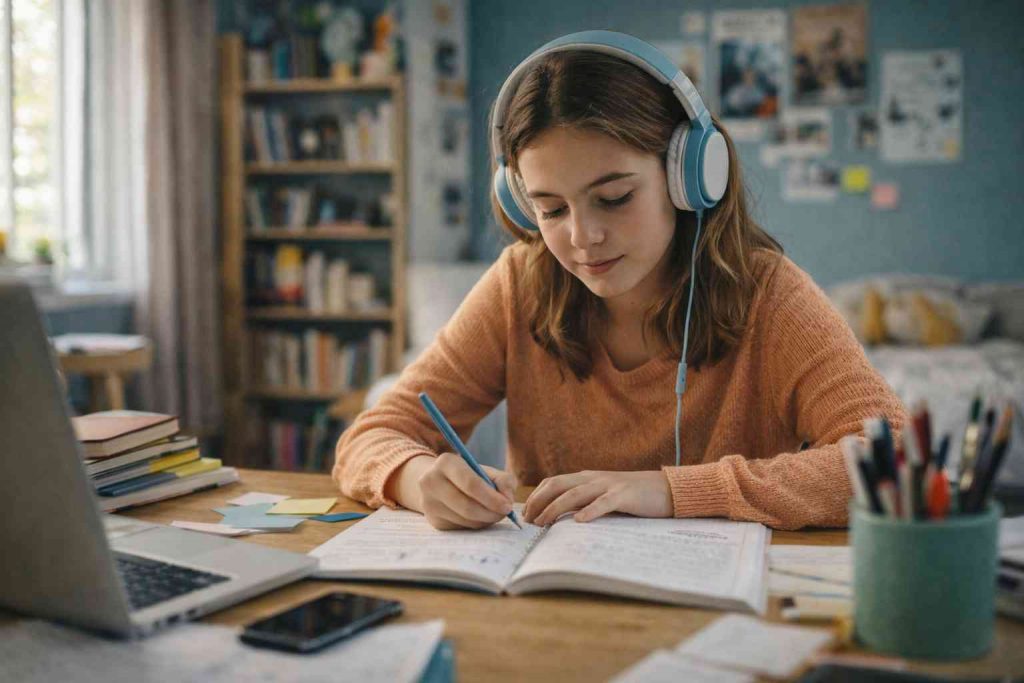 Adolescente travaillant avec un casque audio pour mieux se concentrer