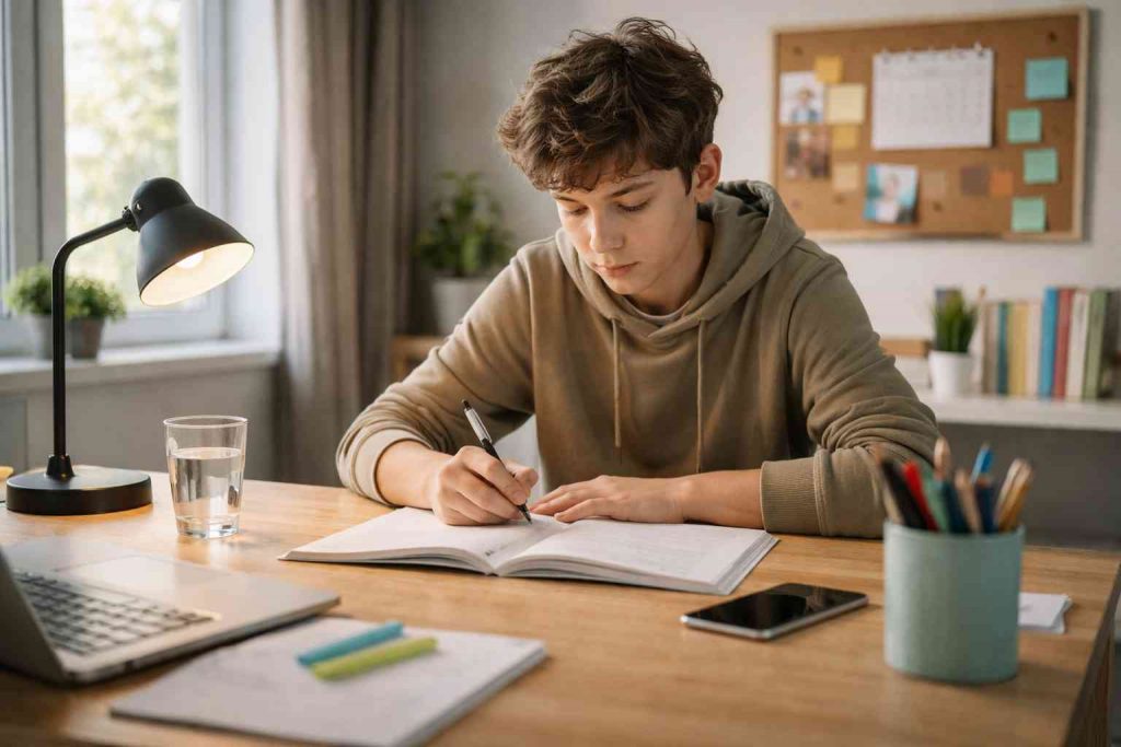 Adolescent travaillant sur un bureau organisé favorisant la concentration