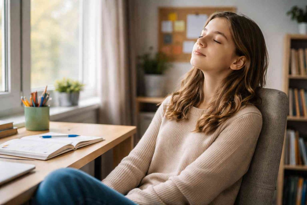 Adolescente faisant une pause pour se recentrer et retrouver sa concentration