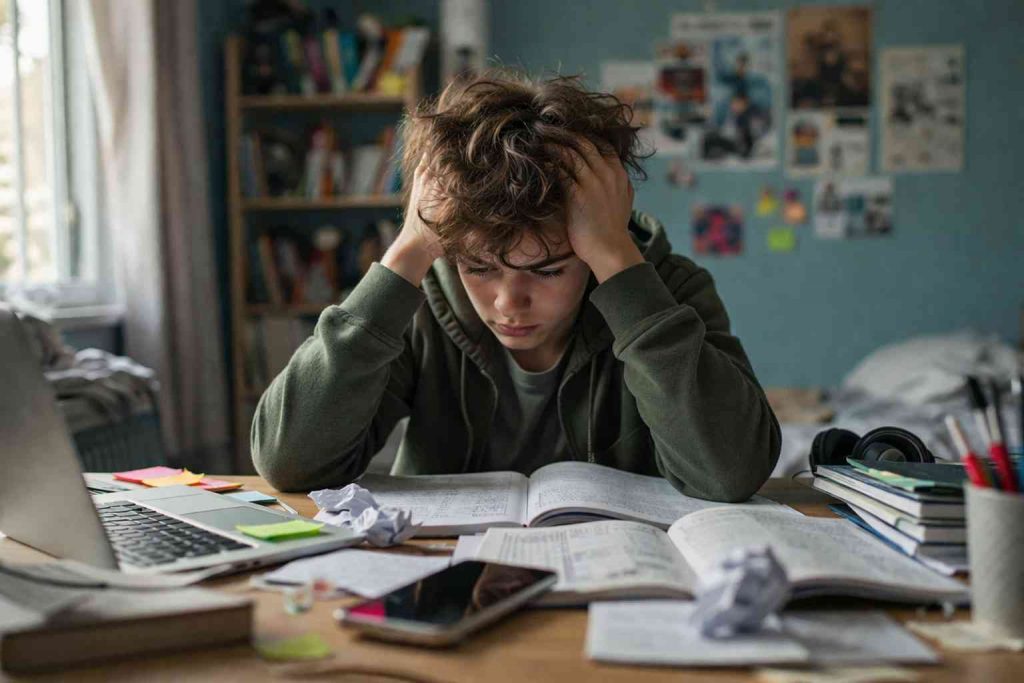 Adolescent débordé essayant de se concentrer sur ses devoirs dans un environnement chargé