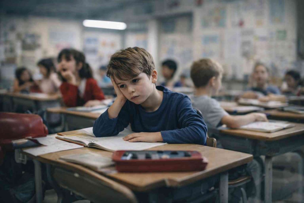 Garçon distrait en classe regardant ailleurs pendant un exercice scolaire