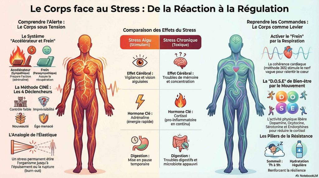 Schéma du corps face au stress montrant la différence entre stress aigu et stress chronique et les mécanismes de régulation