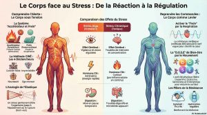 Schéma du corps face au stress montrant la différence entre stress aigu et stress chronique et les mécanismes de régulation
