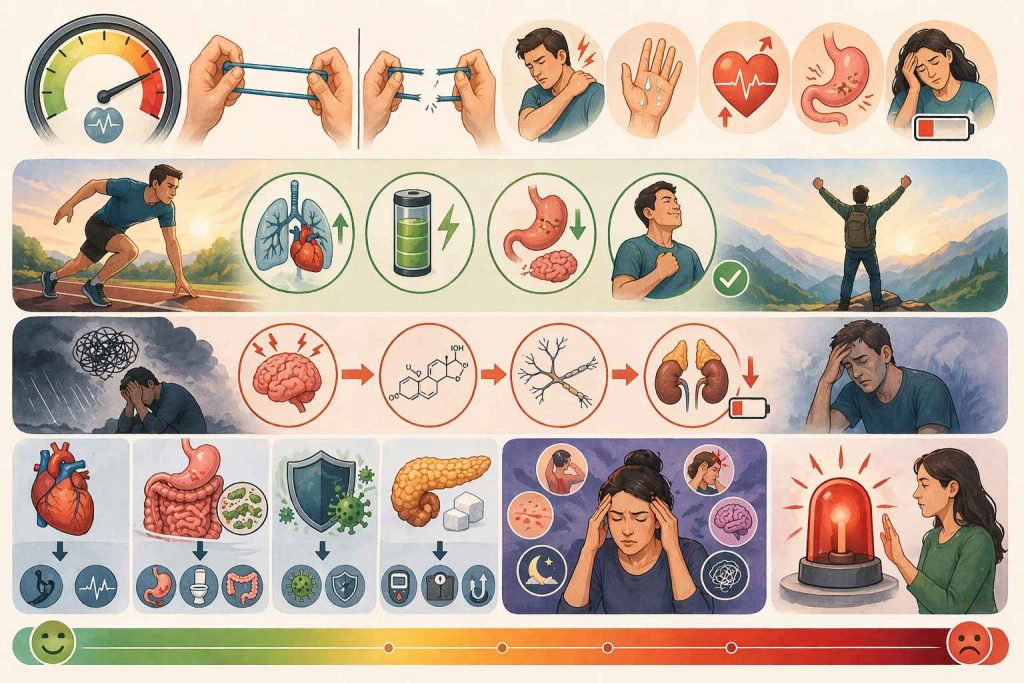Illustration des effets du stress aigu et du stress chronique sur le corps humain et les différents systèmes physiologiques
