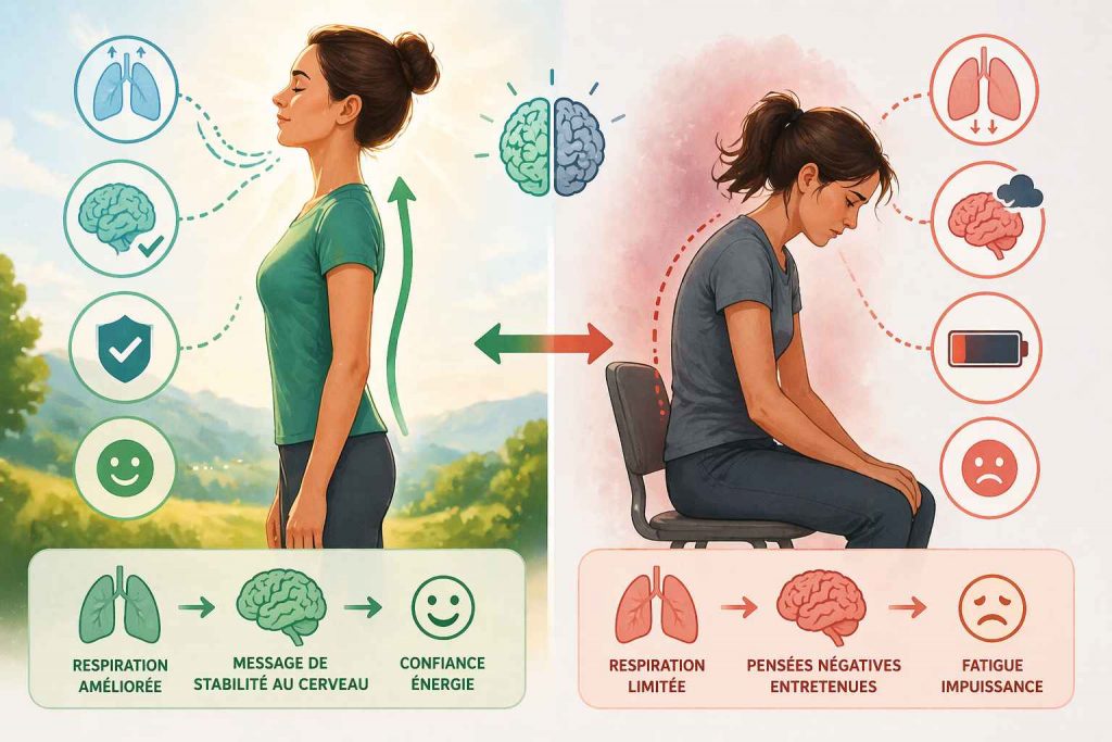Illustration comparant une posture droite et une posture affaissée et leurs effets sur la respiration et l’état mental