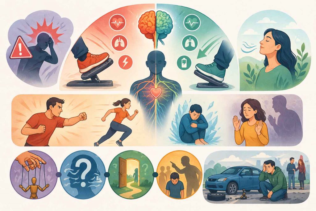 Illustration du fonctionnement du stress avec système nerveux sympathique et parasympathique et réactions du corps