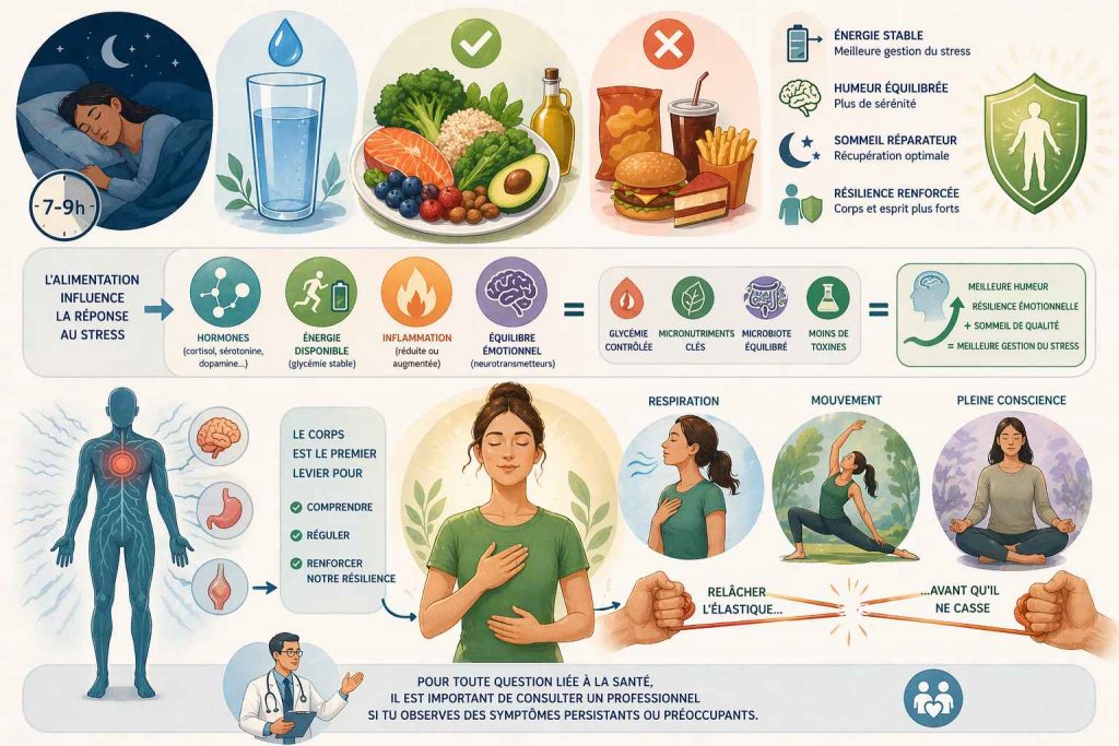Illustration des rôles du sommeil, de l’hydratation et de l’alimentation dans la gestion du stress et la régulation du corps