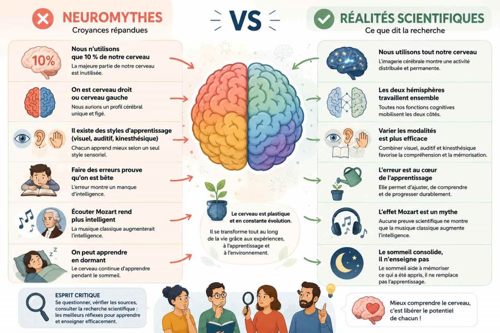 Infographie pédagogique comparant des neuromythes courants et les réalités scientifiques sur le cerveau et les apprentissages