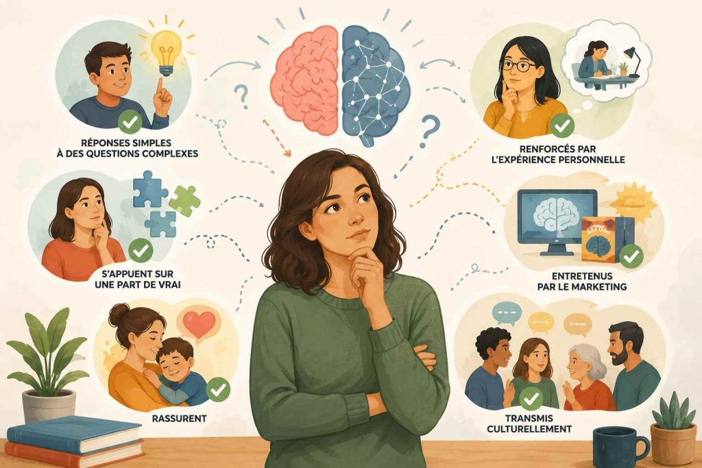 Illustration pédagogique expliquant pourquoi les neuromythes persistent dans l’éducation et les croyances sur le cerveau