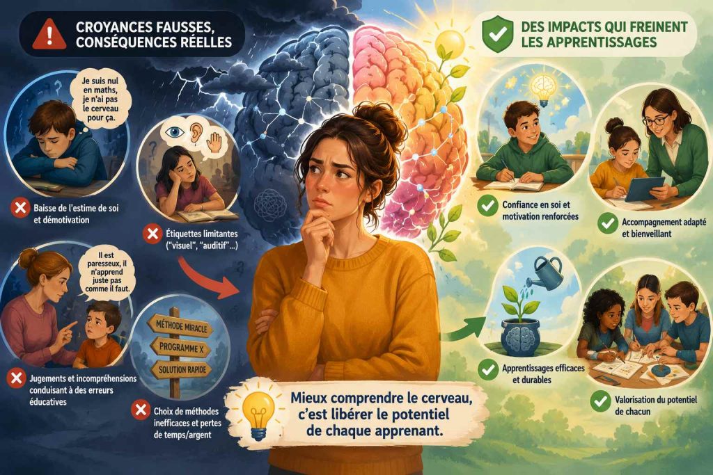 Illustration pédagogique montrant les conséquences négatives des neuromythes sur les apprentissages et l’estime de soi