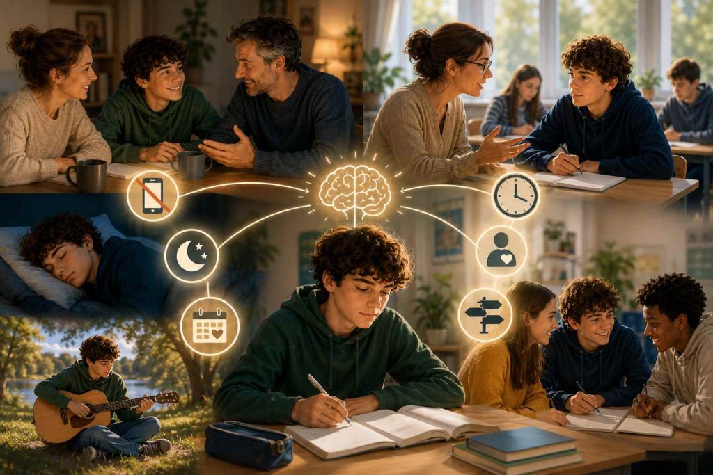 Illustration montrant les habitudes et soutiens favorisant l’équilibre, l’attention et le bien-être des adolescents.