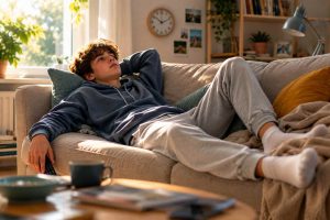 Adolescent allongé sur un canapé exprimant une fatigue persistante dans un environnement familial.
