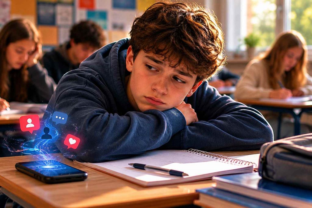 Adolescent distrait en classe observant son téléphone avec inquiétude sous l’influence des réseaux sociaux.