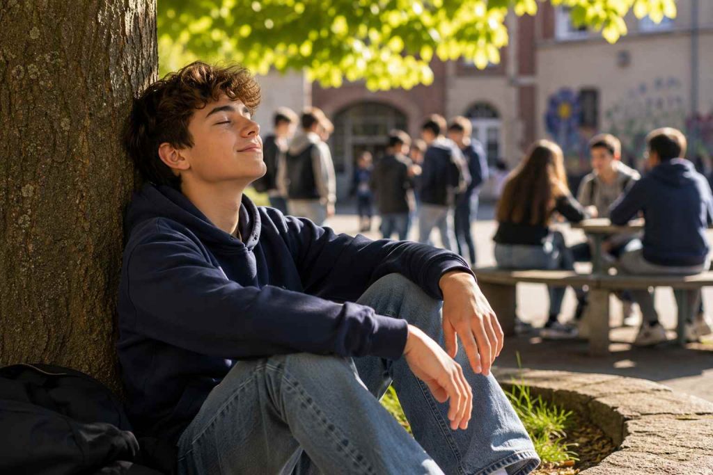 Adolescent profitant d’un moment de calme sous un arbre pendant une récréation, loin des écrans.