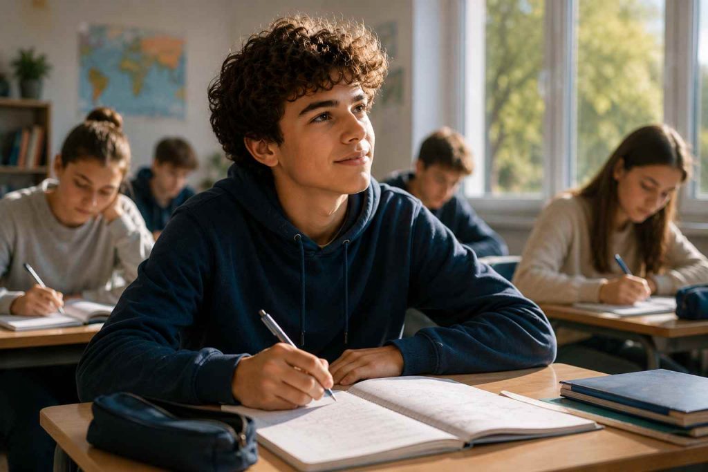 Adolescent attentif et serein en classe retrouvant le plaisir d’apprendre.
