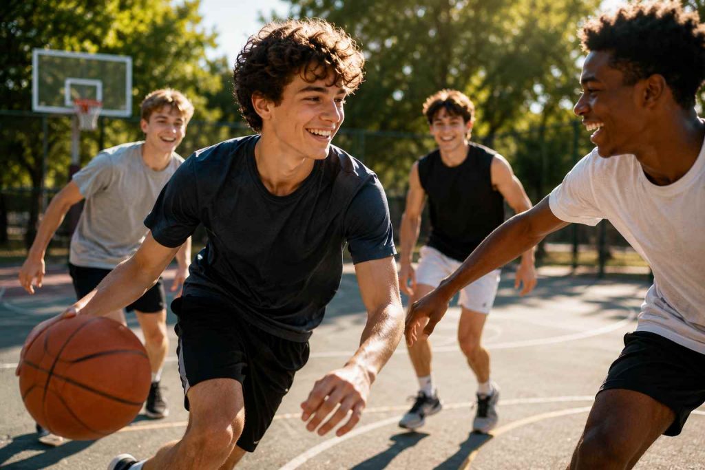 Adolescents jouant au basket et partageant un moment de plaisir, de détente et de complicité.