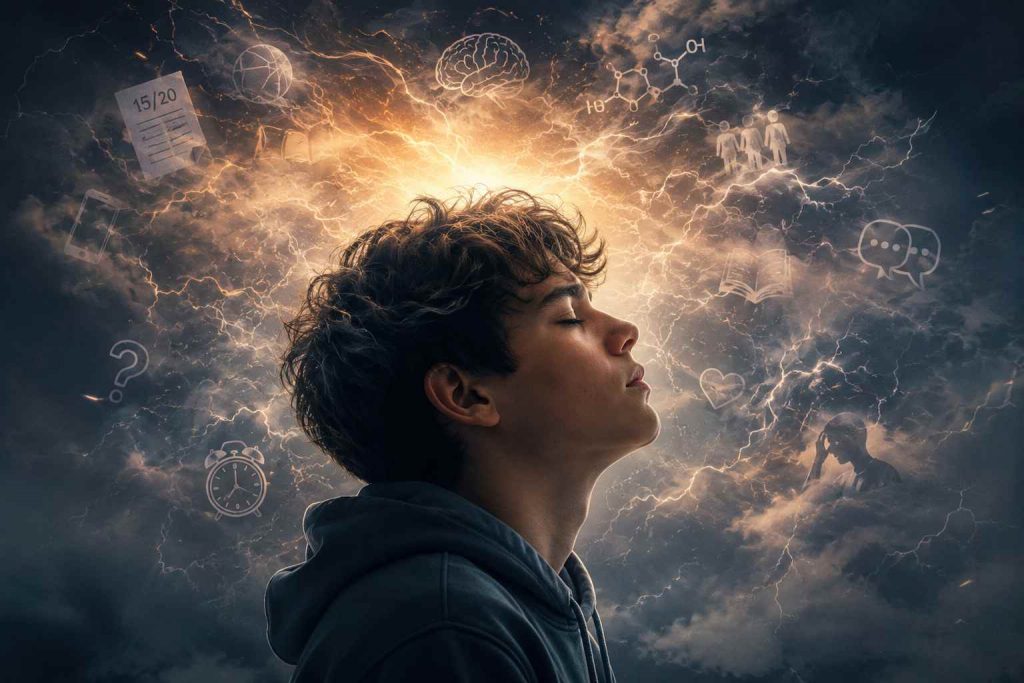 Illustration symbolique représentant la tempête biologique et les bouleversements internes vécus pendant l’adolescence.
