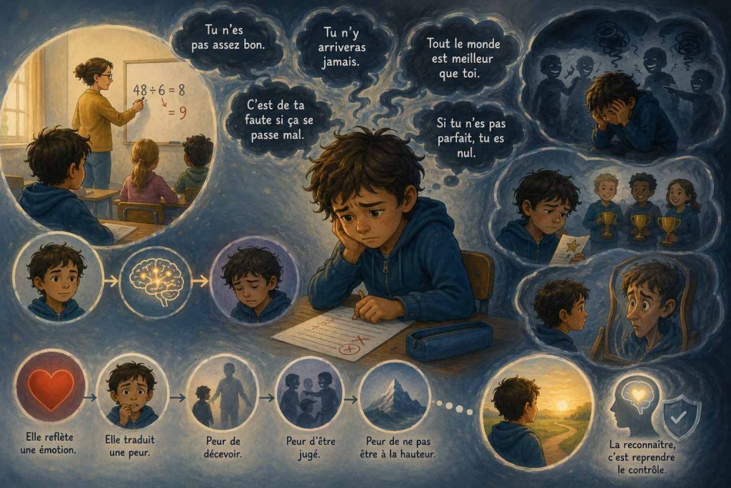 Illustration d'un enfant confronté à sa petite voix saboteuse, illustrant le doute, le perfectionnisme, la peur de l'échec et l'impact des pensées négatives sur l'estime de soi.