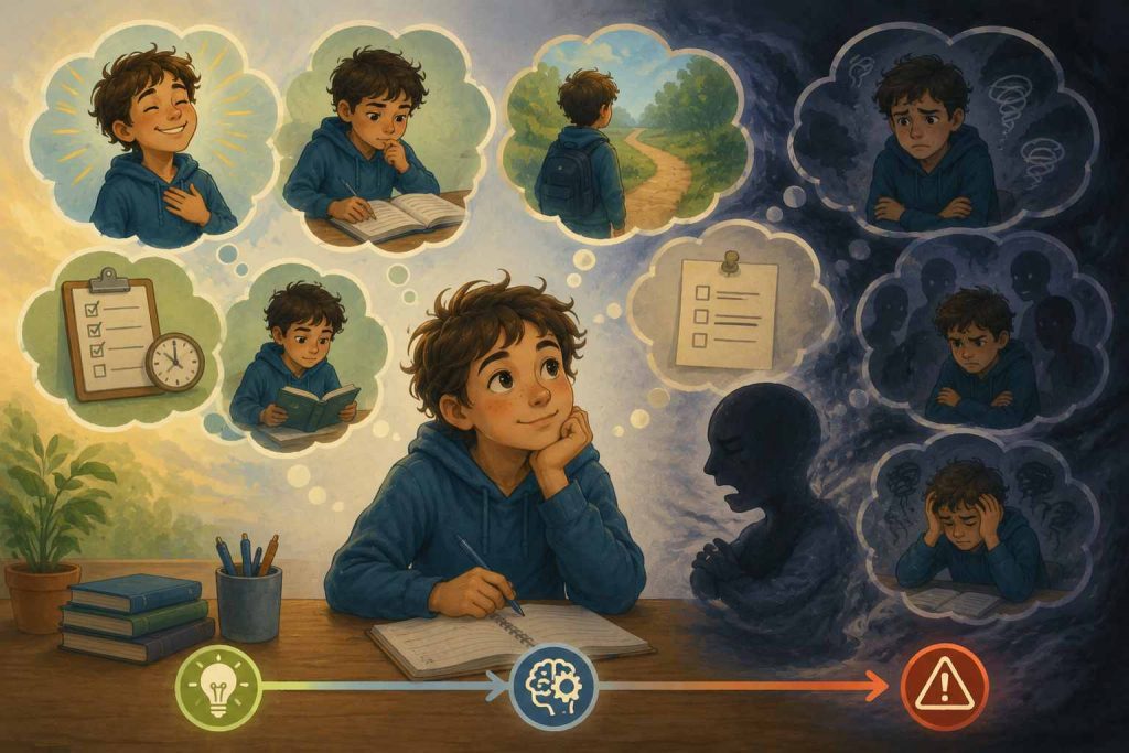 Illustration symbolique de la petite voix intérieure montrant son rôle dans la réflexion, l'apprentissage et la confiance en soi, ainsi que son évolution possible vers une voix critique et saboteuse.