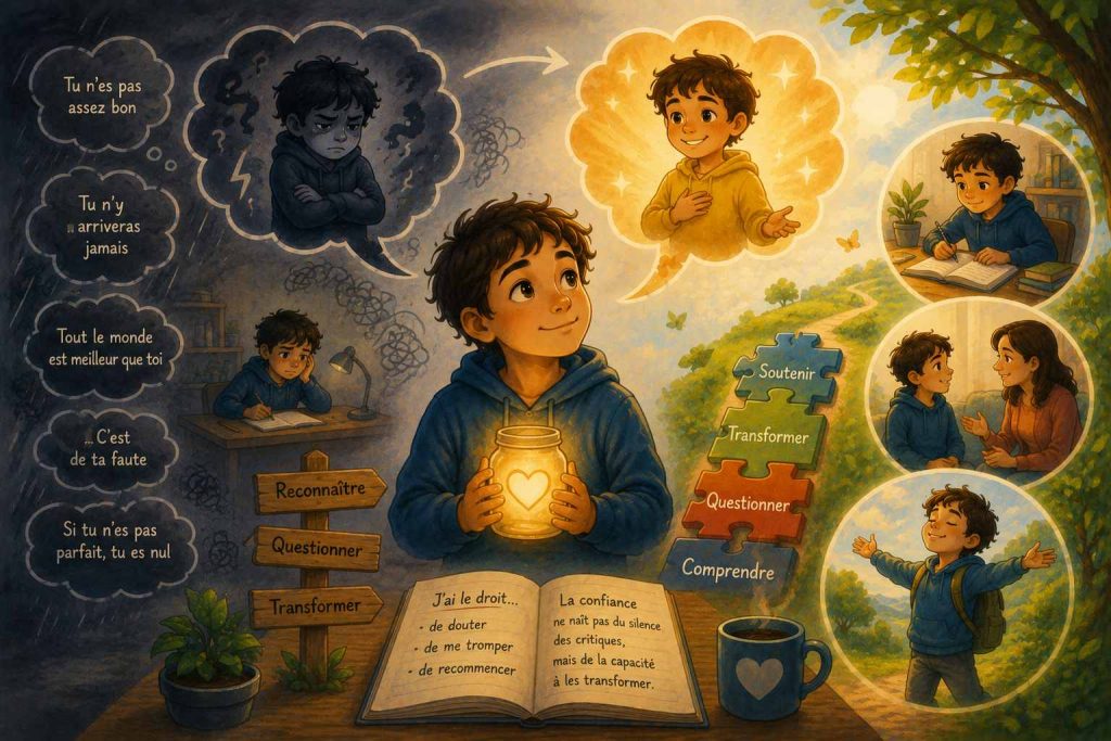 Illustration symbolique d'un enfant transformant sa petite voix intérieure en alliée pour développer sa confiance en soi, mieux gérer ses émotions et avancer sereinement.