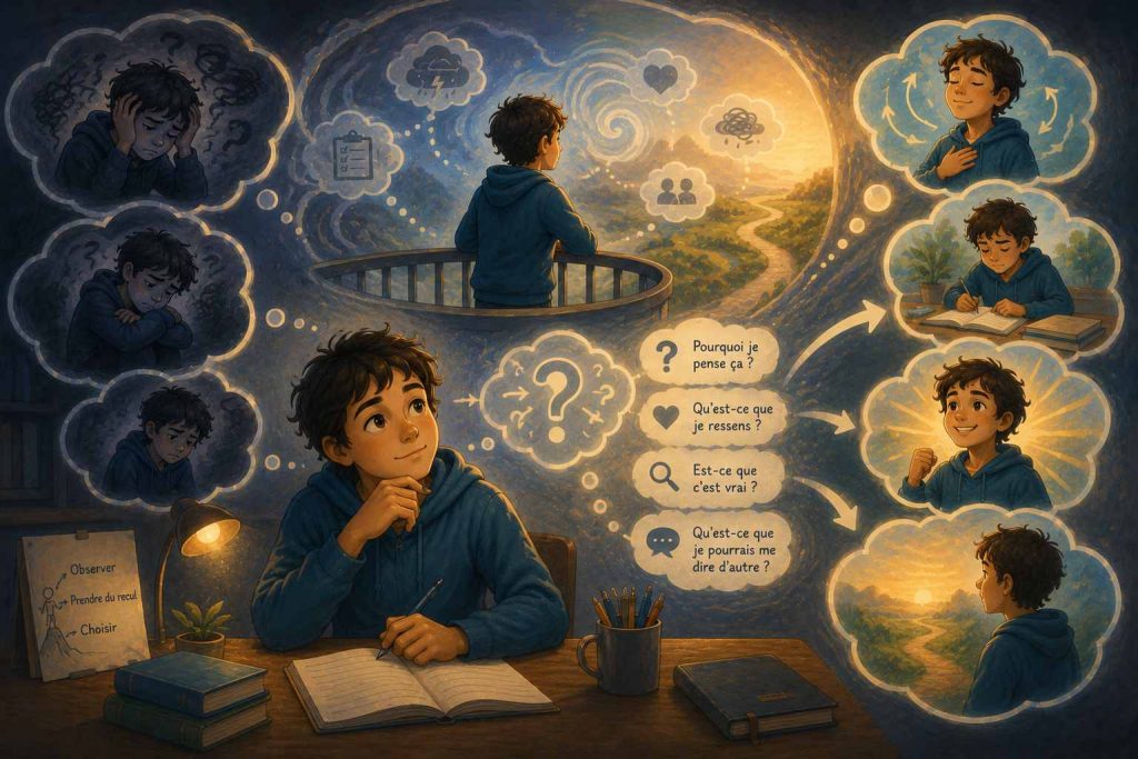 Illustration symbolique de la métacognition montrant un enfant qui observe ses pensées, prend du recul sur sa petite voix intérieure et transforme ses pensées négatives en ressources positives.