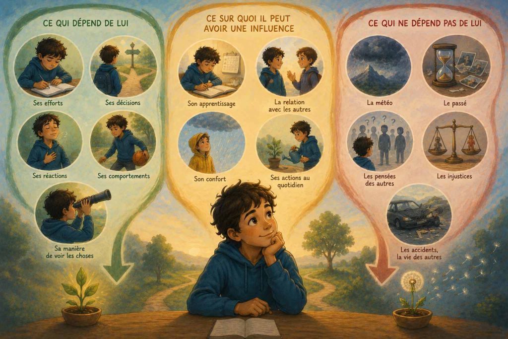 Illustration symbolique montrant un enfant qui distingue ce qui dépend de lui, ce qu'il peut influencer et ce qu'il doit apprendre à accepter pour limiter les ruminations.