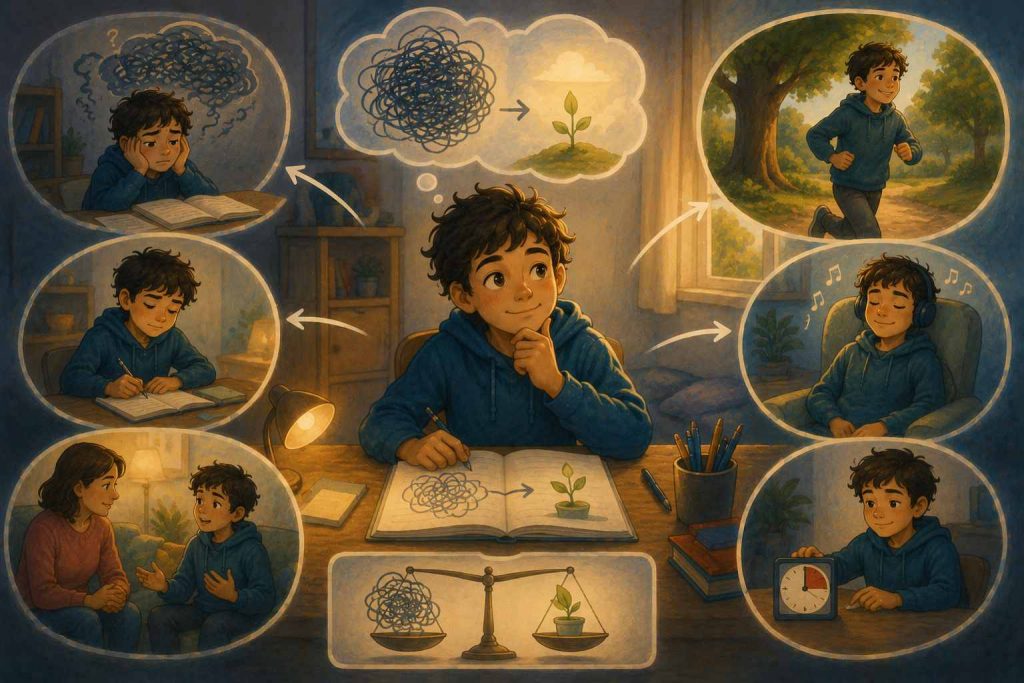 Illustration d'un enfant qui apprend à reconnaître ses ruminations et utilise différentes stratégies pour reprendre le contrôle de ses pensées et retrouver un équilibre émotionnel.