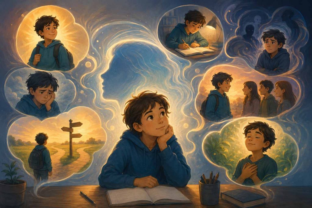 Enfant en pleine réflexion symbolisant la petite voix intérieure qui influence les émotions, les apprentissages et la confiance en soi.