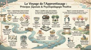 Infographie du voyage de l’apprentissage associant principes japonais et psychopédagogie positive