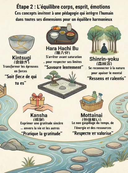 Infographie sur l’équilibre corps, esprit et émotions avec Kintsugi, Hara Hachi Bu, Shinrin-yoku, Kansha et Mottainai