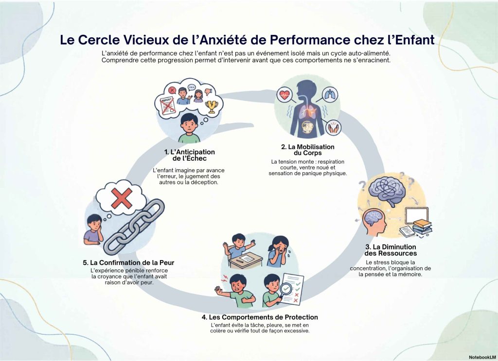 Le cercle vicieux de l’anxiété de performance chez l’enfant : anticipation de l’échec, mobilisation du corps, diminution des ressources, comportements de protection, confirmation de la peur