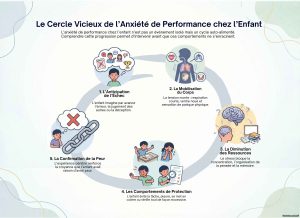 Le cercle vicieux de l’anxiété de performance chez l’enfant : anticipation de l’échec, mobilisation du corps, diminution des ressources, comportements de protection, confirmation de la peur