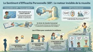 Infographie expliquant le Sentiment d’Efficacité Personnelle, ses quatre sources et son rôle dans la réussite scolaire.