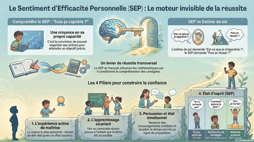 Infographie expliquant le Sentiment d’Efficacité Personnelle, ses quatre sources et son rôle dans la réussite scolaire.