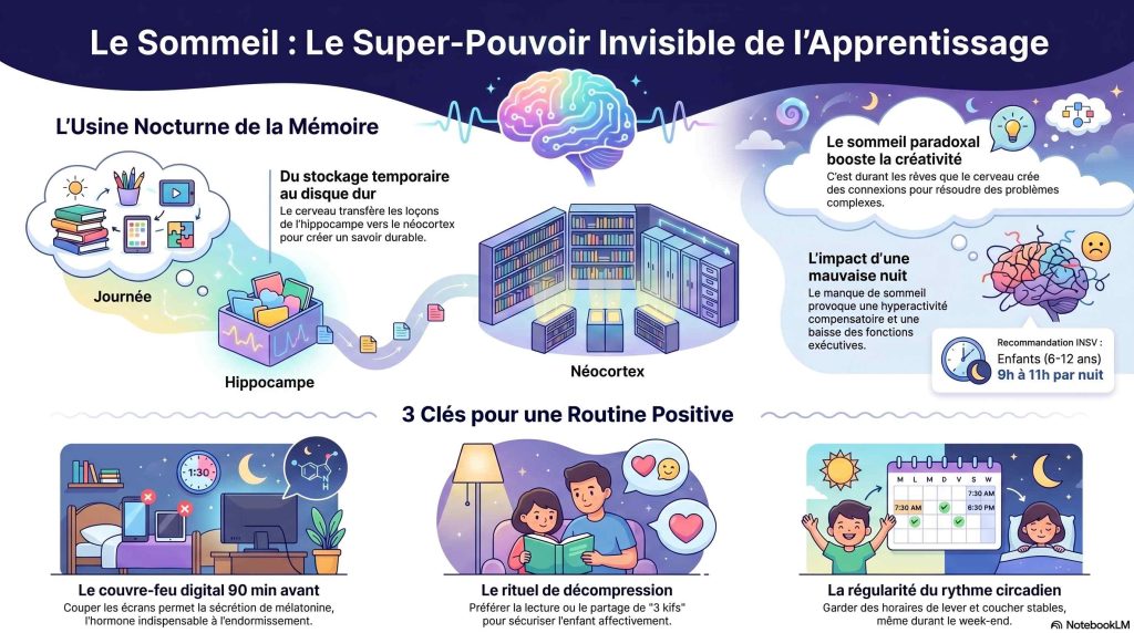 Infographie : le sommeil comme super-pouvoir invisible de l'apprentissage, de l'usine nocturne de la mémoire aux 3 clés d'une routine positive