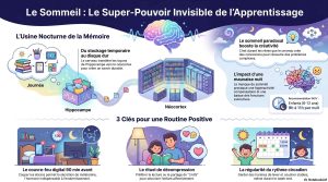 Infographie : le sommeil comme super-pouvoir invisible de l'apprentissage, de l'usine nocturne de la mémoire aux 3 clés d'une routine positive